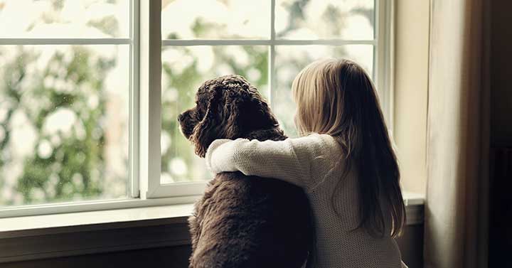 girl and dog looking through window